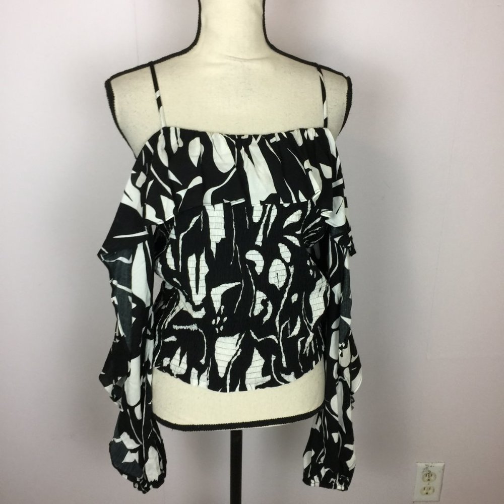 INC International Concepts Off the Shoulder Blouse Top Size L Black White Floral